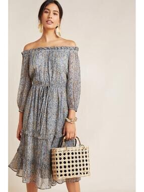 ANTHROPOLOGIE‎ Kira Off shoulder BOHO Peasant Dress SZ 12 Floral/metallic midi